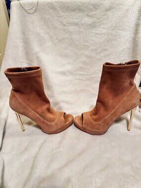 BCBG Max Azria Cognac Suede Peep Toe Ankle Booties Stiletto Heel Luxe